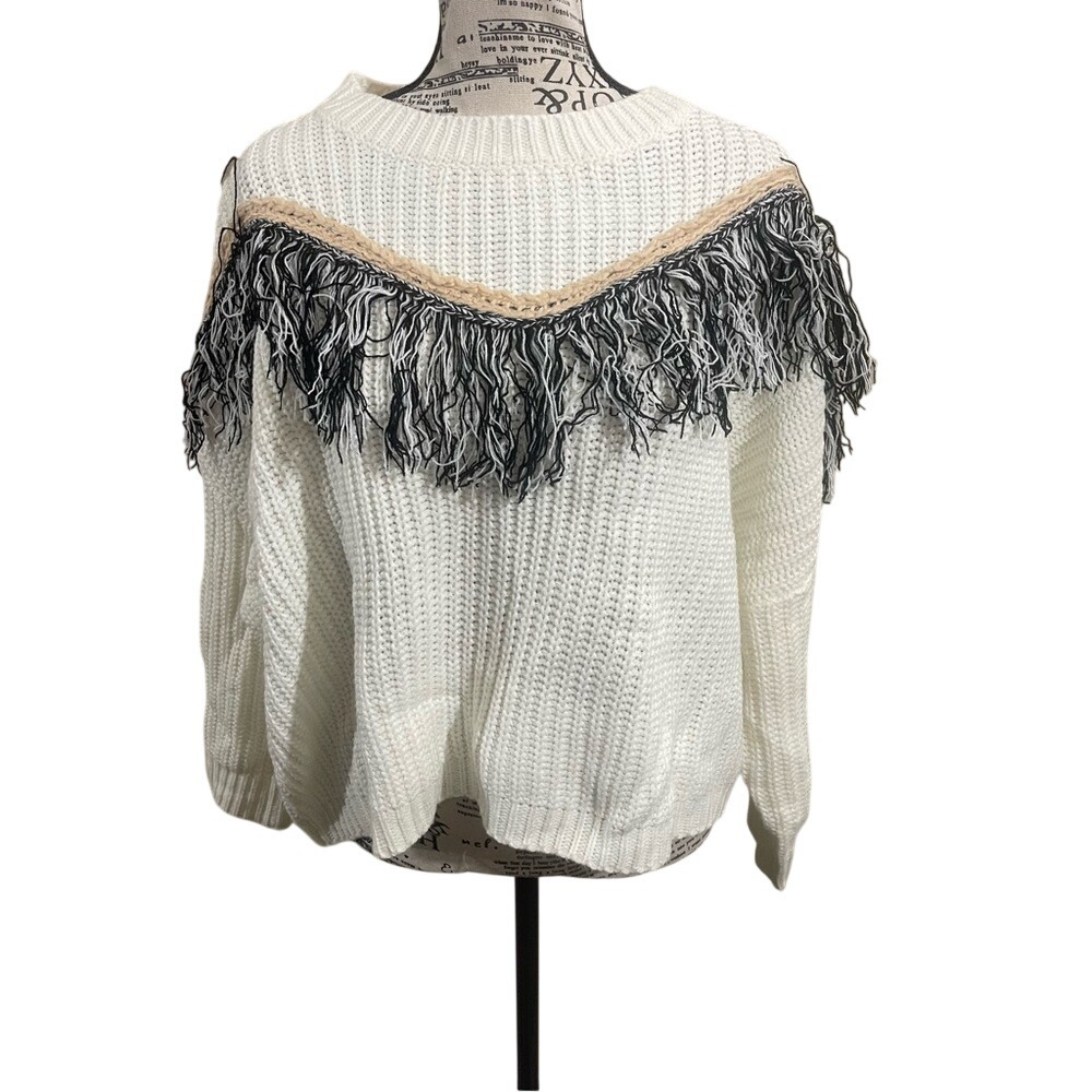 Mustard Seed White Sweater with Black‎ Fringe